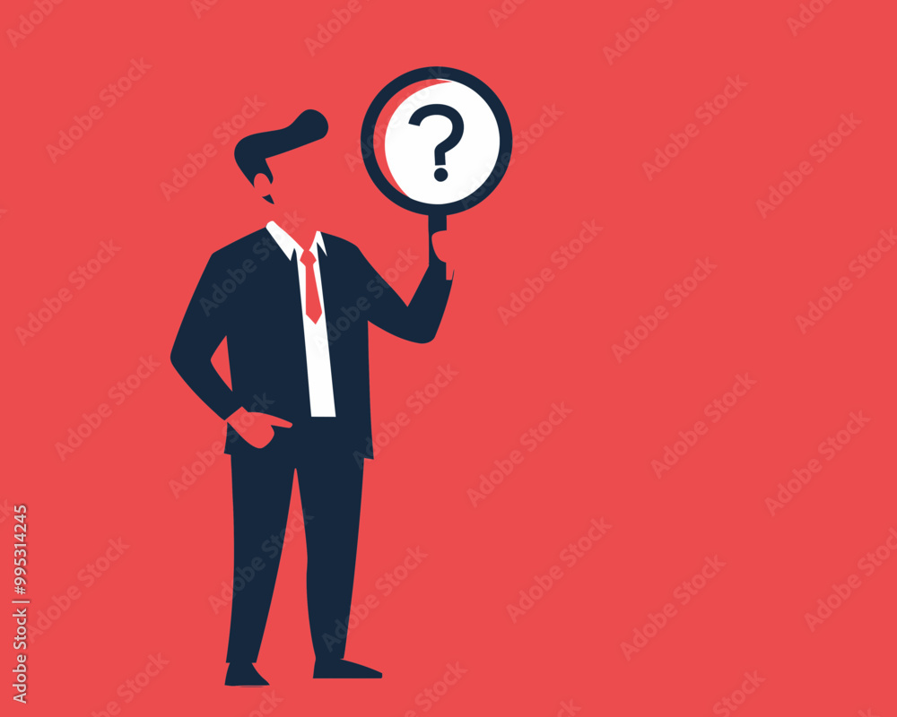 Aufkleber curious businessman examining data with magnifying glass and question mark in flat minimalist style
