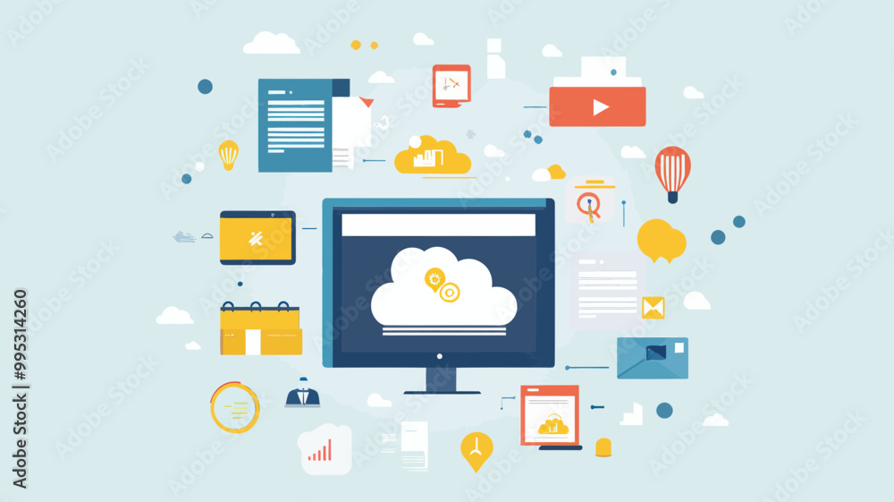 Poster flat design vector illustration of cloud computing, web data storage, information hosting, business 