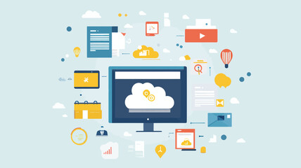 Flat Design Vector Illustration of Cloud Computing, Web Data Storage, Information Hosting, Business Document Access, Internet Communication Technology Service, and Digital Collaboration