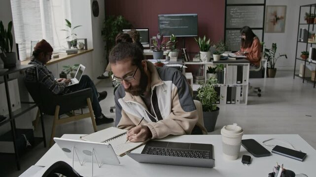 Medium full looped timelapse of Middle Eastern male team leader during routine workday in office of IT tech company - typing code on laptop, discussing project with colleagues, approving presentation