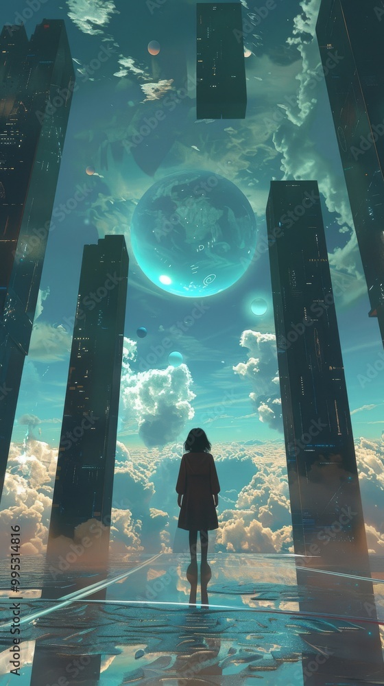 Poster abstract lofi scene with symbolic concepts.