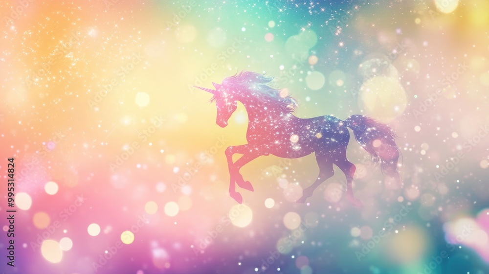 Poster rainbow gradient sky backdrop featuring a whimsical unicorn in a sparkling space setting holographic