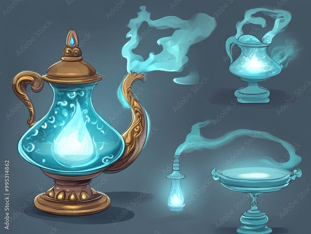 Aufkleber elegant 2d cartoon illustrations of a fantasy magic lamp designed for creating dreamy and enchanting