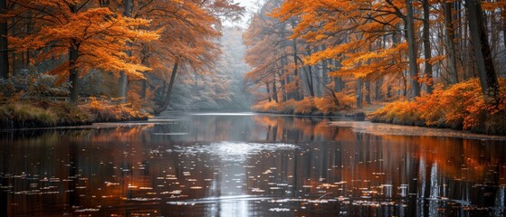 Serene Autumn Landscape with Calm Water Reflection