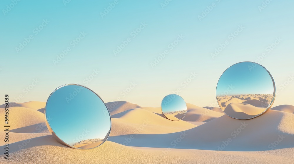 Aufkleber 3d rendering of an abstract modern minimal panoramic background featuring round mirrors set against 