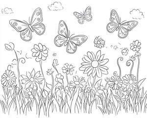 Coloring page featuring cartoon butterflies soaring above grass and flowers Hand drawn 2D black and white illustration perfect as a design template for children s coloring books posters or postcar