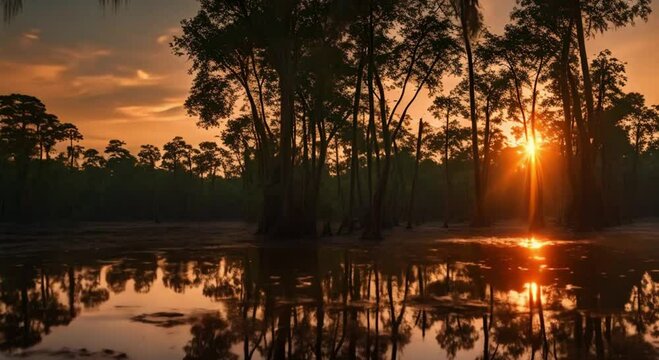 views of the swamp with tall trees with a beautiful sunset