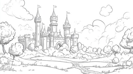 Obraz premium Vibrant and monochrome coloring template featuring a whimsical medieval castle Classical design for a children s and adults coloring book Flat 2D cartoon style