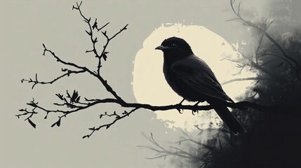 Fototapeta premium A silhouetted bird perched on a bare branch against a glowing moonlit background in a tranquil nighttime setting