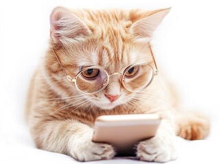 Cute cat wearing glasses, enjoying smartphone playtime, white background.