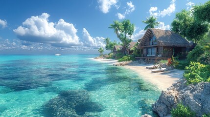 Serene tropical beach with clear waters and lush palm trees.