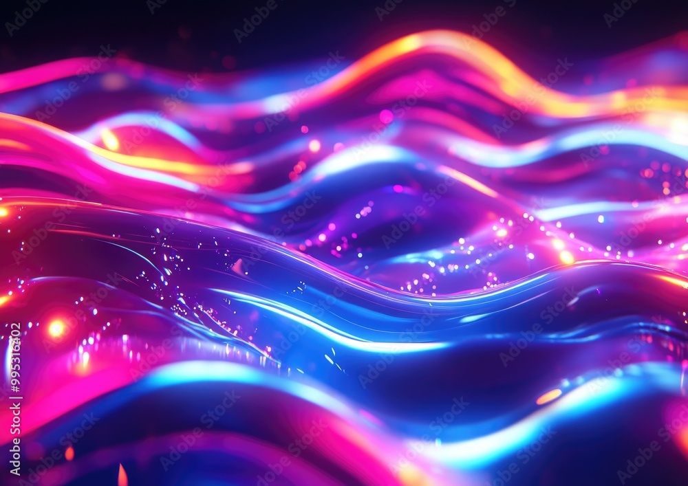 Poster glossy neon light waves create a vibrant glowing effect this digital abstract background features a 