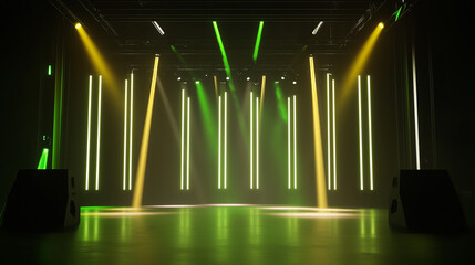 A dynamic and vibrant image of a stage illuminated by a series of green and yellow beams. 