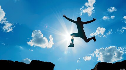 Silhouette of a man leaping between two cliffs at sunset, symbolizing perseverance, positive mindset, and the determination to overcome obstacles with an "I can do it" attitude.