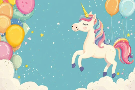 Whimsical unicorn themed birthday invitation in a colorful 2D cartoon style