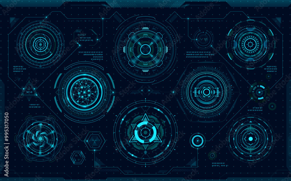 Leinwandbilder Circular bars and futuristic digital HUD elements of Sci Fi data, vector dashboard interface. HUD data screen or digital UI virtual infographic and bars with buttons panel of future technology