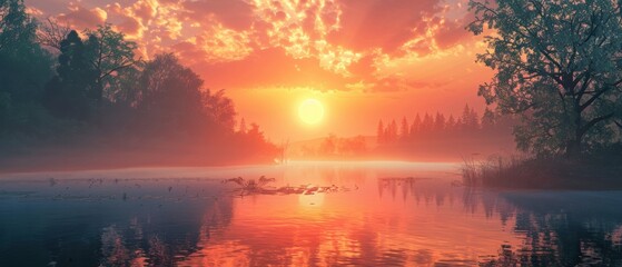 Obraz premium Serene Sunrise Over Calm Lake with Mist and Reflections