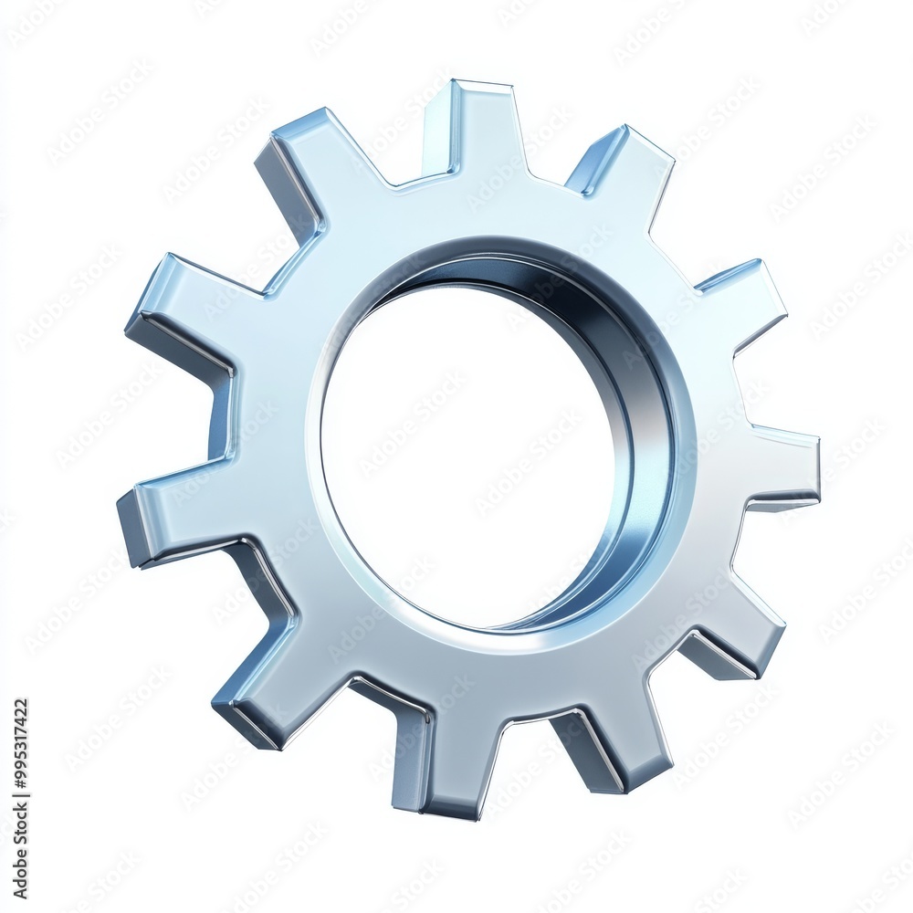Poster shiny 3d render of gear icon isolated on white background for tech and engineering concepts with cop
