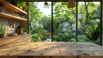 White wood table top counter island on blur kitchen with big window and fresh green garden background 