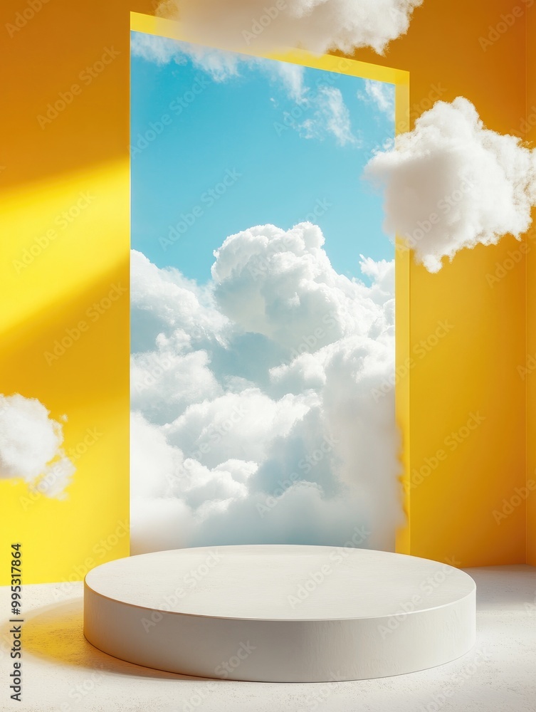 Poster fantasy 3d rendering of an abstract background featuring a blue sky view through a window on a yello