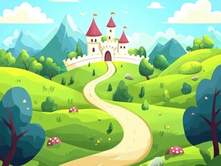 Fototapeta premium Fairytale castle set in a vibrant landscape with lush green hills trees and mountains featuring a winding road 2D cartoon style illustration for imaginative scenes