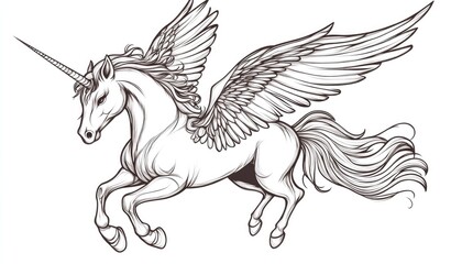 Fototapeta premium Fantasy illustration featuring a winged unicorn silhouette Template and background suitable for tattoo designs and t shirt prints 2D cartoon style with a hand drawn black outline on white