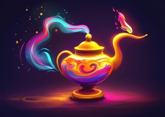 Naklejka premium Fantasy genie lamp in a colorful 2D cartoon style