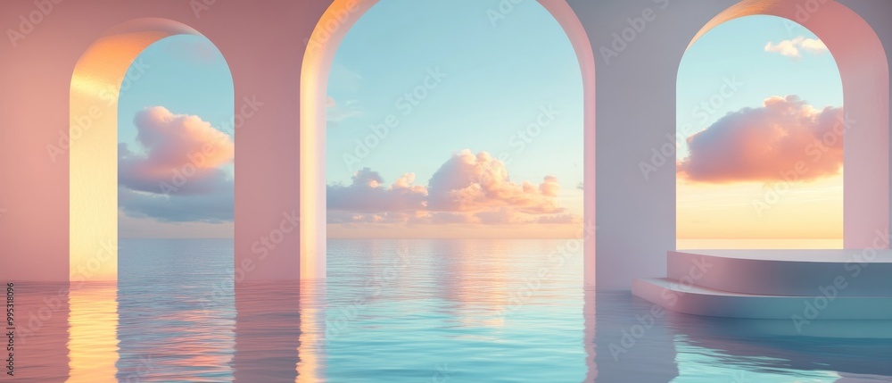 Poster abstract architectural space featuring a podium with pink clouds in a 3d render bright arches in the
