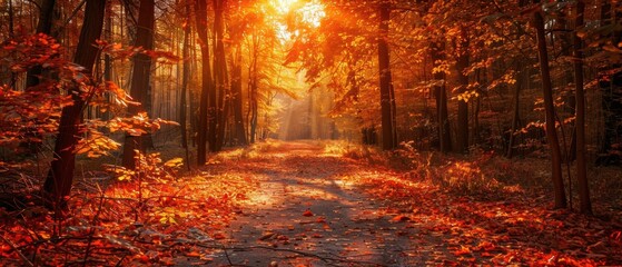 Fototapeta premium Vibrant Autumn Pathway Through a Lush Forest