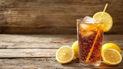 Fototapeta premium Iced Tea with Lemon and Straw on Rustic Wood Table.