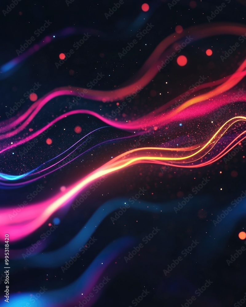 Poster dark space featuring glowing neon light waves in motion an abstract graphic element with a 2d cartoo