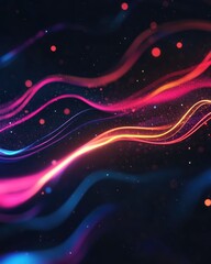 Obraz premium Dark space featuring glowing neon light waves in motion An abstract graphic element with a 2D cartoon neon aesthetic on a black backdrop Technology themed illustration