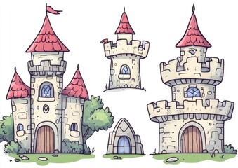 Obraz premium Hand drawn cartoon castle icons for a fairy tale featuring a whimsical design perfect for a princess theme game icon and charming magical kingdom illustration