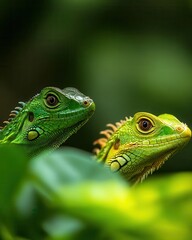 Naklejka premium Green Iguana Lizard Close Up Portrait In Tropical Rainforest