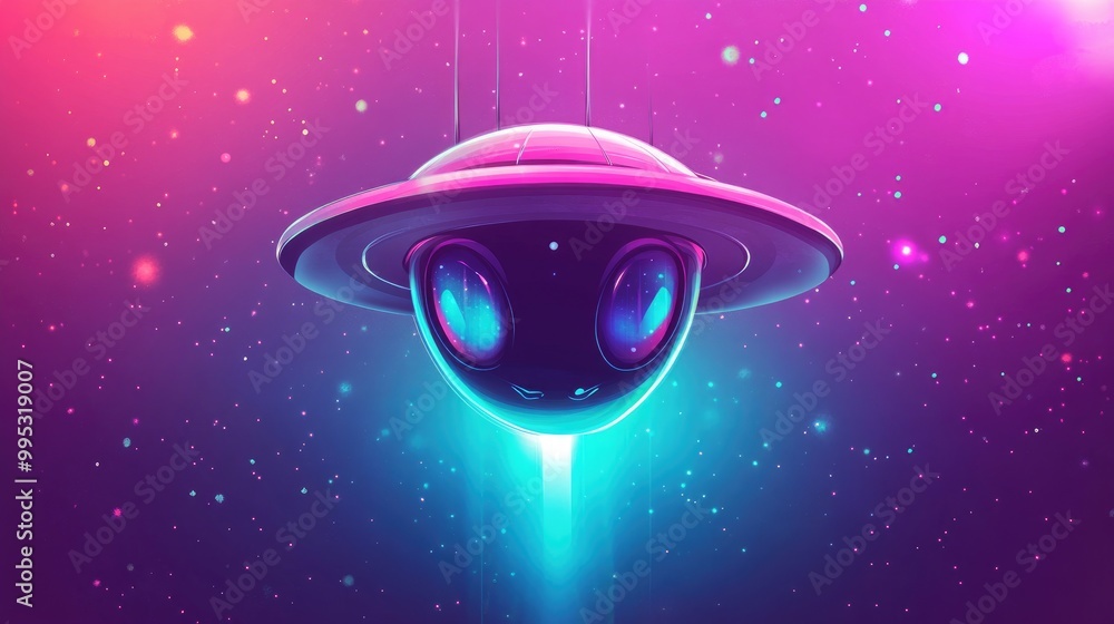 Poster whimsical alien character from outer space with a unique spacecraft soaring through the cosmos playf