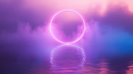 Neon circular shape enveloped in mist mirrored on water s surface Contemporary 3D design backdrop with violet blue and pink hues 2D cartoon illustration style EPS10