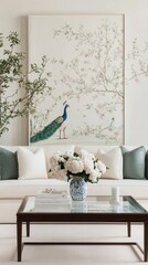 A serene living room featuring a peacock mural, elegant flowers in a vase, and a stylish coffee table, creating a harmonious atmosphere.
