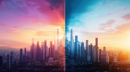 Fototapeta premium Modern skyline with vibrant sunrise and sunset colors, dramatic cityscape view.