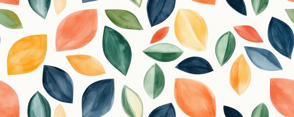 A vibrant pattern of watercolor leaves in various colors, creating a lively, nature-inspired design perfect for backgrounds or decor.