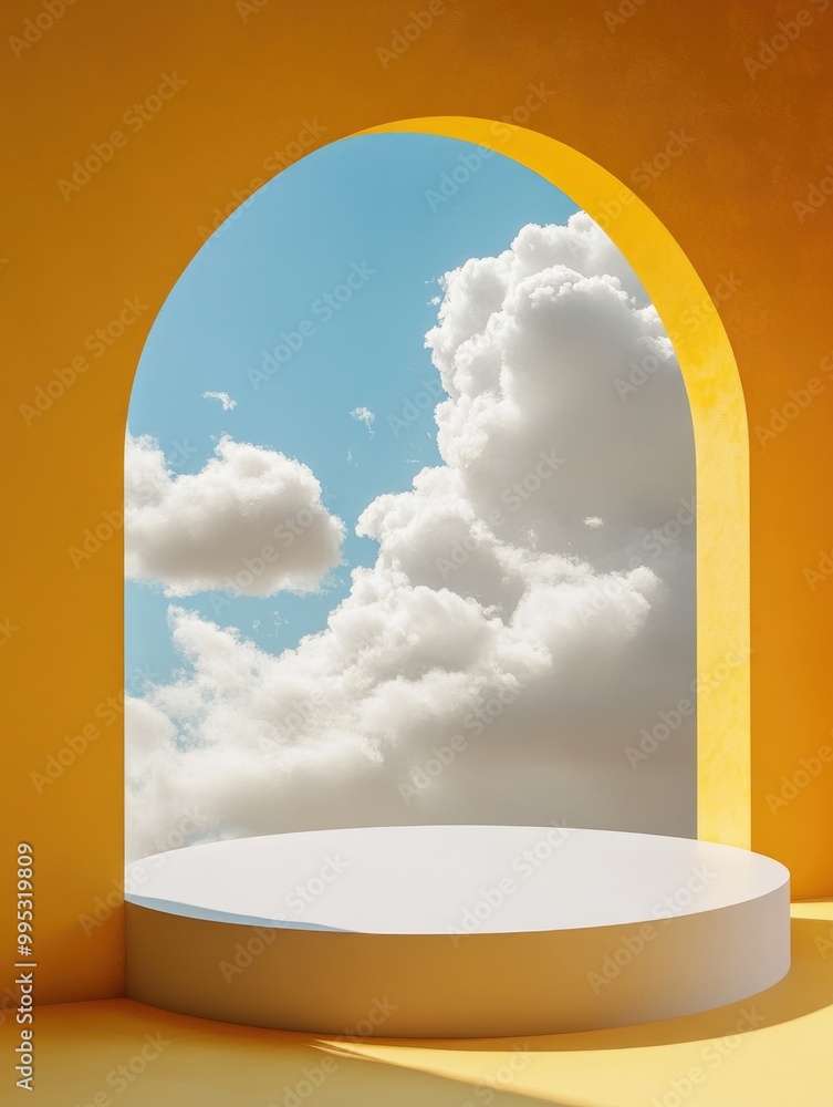 Poster fantasy 3d rendering of an abstract background featuring a blue sky view through a window on a yello