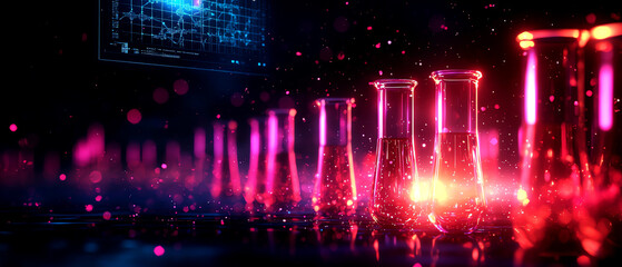 Colorful laboratory beakers filled with liquids glowing in vibrant neon shades, showcasing a dynamic and modern scientific setting.