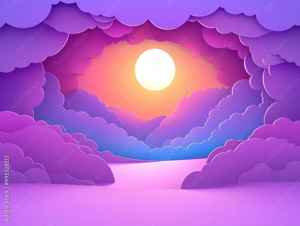 Poster pink 2d cartoon background featuring fantasy clouds in a realistic paper cut style against a purple 