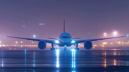Fototapeta premium A night view of an airplane on a runway, illuminated by ambient lights.