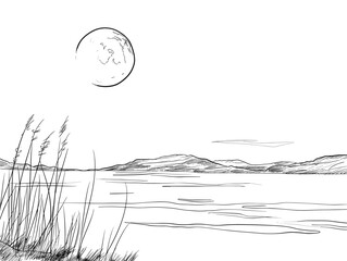 Fototapeta premium Moonlight Reflection: Serenity's Embrace in a Tranquil Lake's Mirror, Captured in a Single Line's Dance