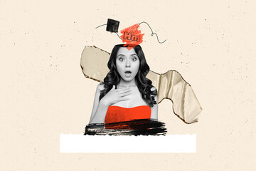 Composite photo collage of astonished girl cut head think solution hmm dilemma confusion question...