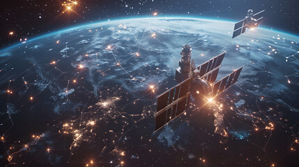Many Satellites Flying over Earth as Seen from the Space, They Connect and Cover Planet with Digitalization Network of Information. Global Data Grid Connecting Whole World. 3D VFX