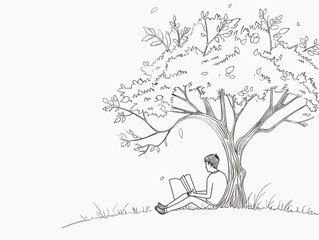 Knowledge Acquisition: A Figurine Reading Beneath a Tree in Minimalistic One-Line Drawing