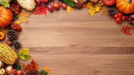 A vibrant autumn display featuring pumpkins, leaves, and seasonal produce on a rustic wooden background.