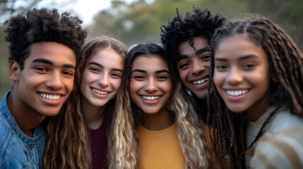 Obraz premium Multicultural group of young people smiling at camera together - Happy friends having fun hugging together outside - Youth community concept