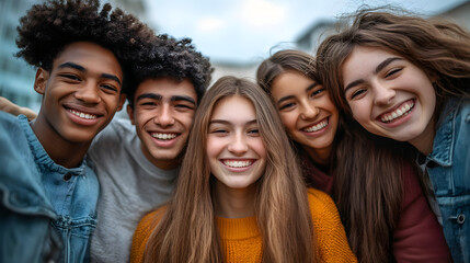 Obraz premium Multicultural group of young people smiling at camera together - Happy friends having fun hugging together outside - Youth community concept